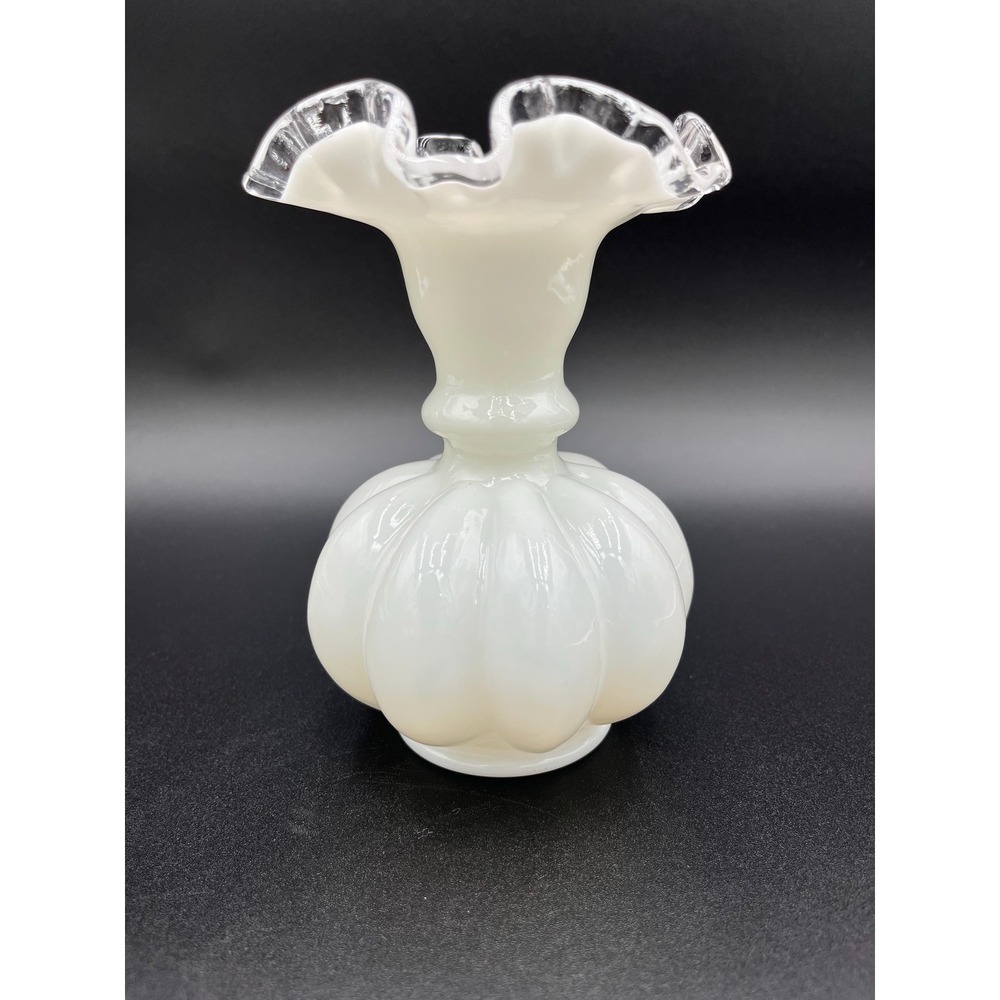 Fenton Silver Crest Milk Glass Melon Vase: Crimped Edge Flower Vase